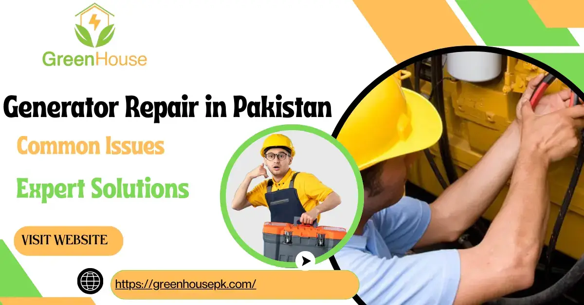 Technician repairing a generator in Pakistan with Greenhouse branding Generator Repair, Common Issues and Expert Solutions