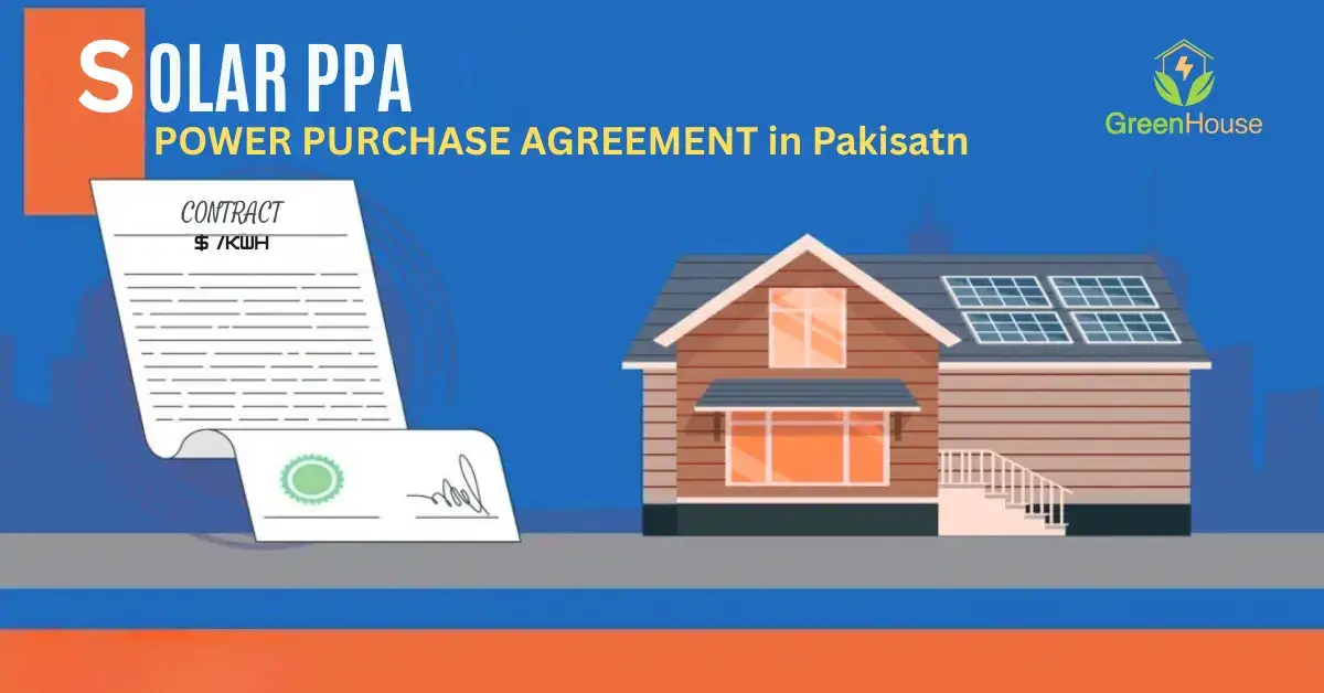 Illustration of a solar power purchase agreement (PPA) in Pakistan showing a signed contract and a house with solar panels on the roof